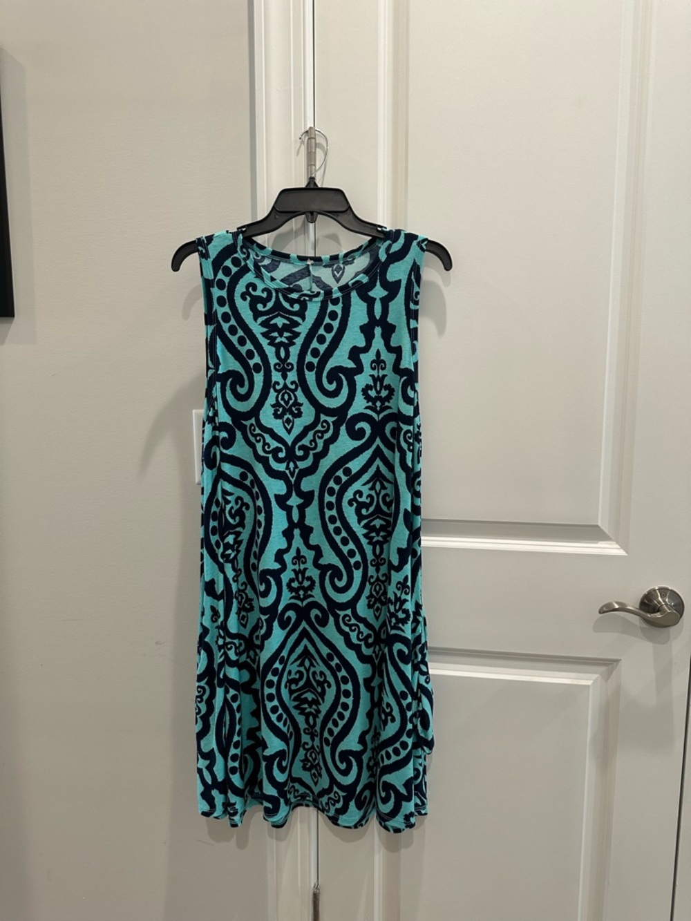 Sleeveless Turquoise and Navy Patterned Mini Dress